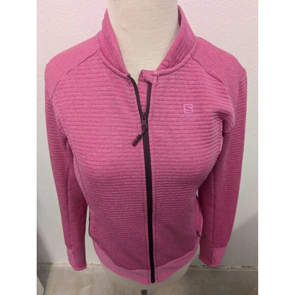 Salomon Pink Track Lightweight Wool Blend Jacket sz M Outdoor Full Zip Mock Neck - Picture 4 of 12